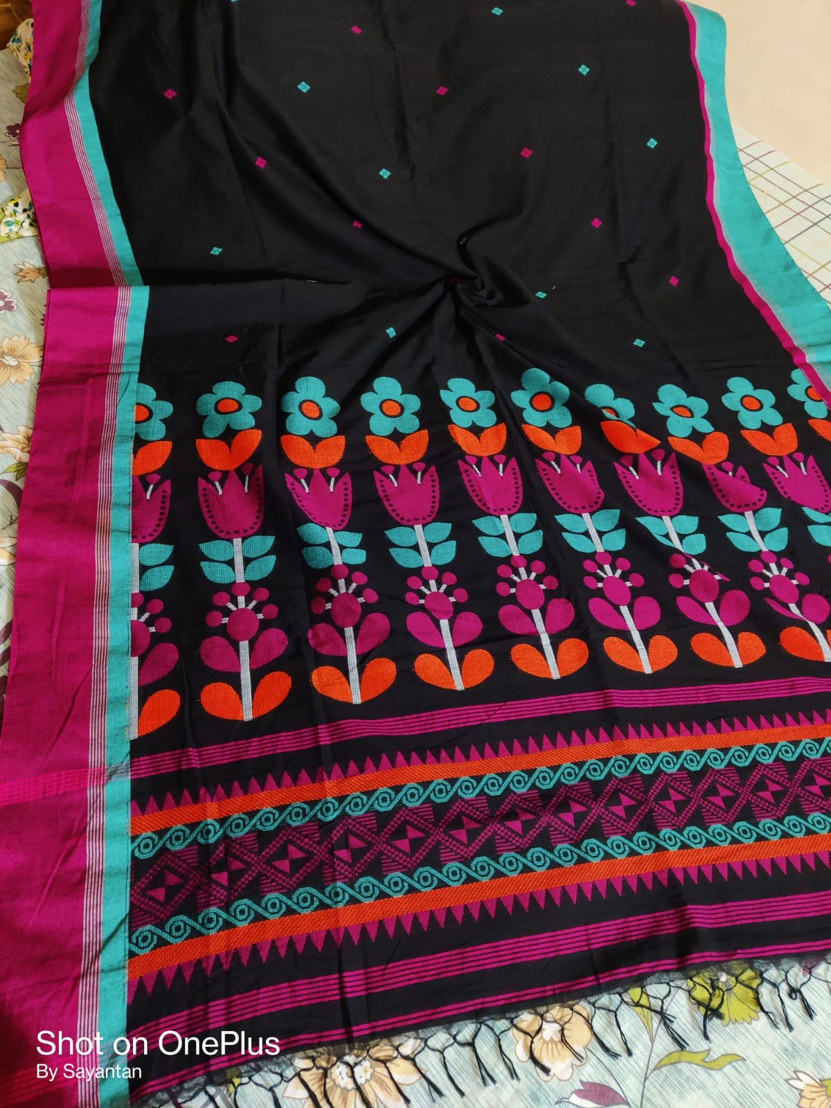 Cotton jamdani saree from the loom of Bengal - Black - Cotton jamdani