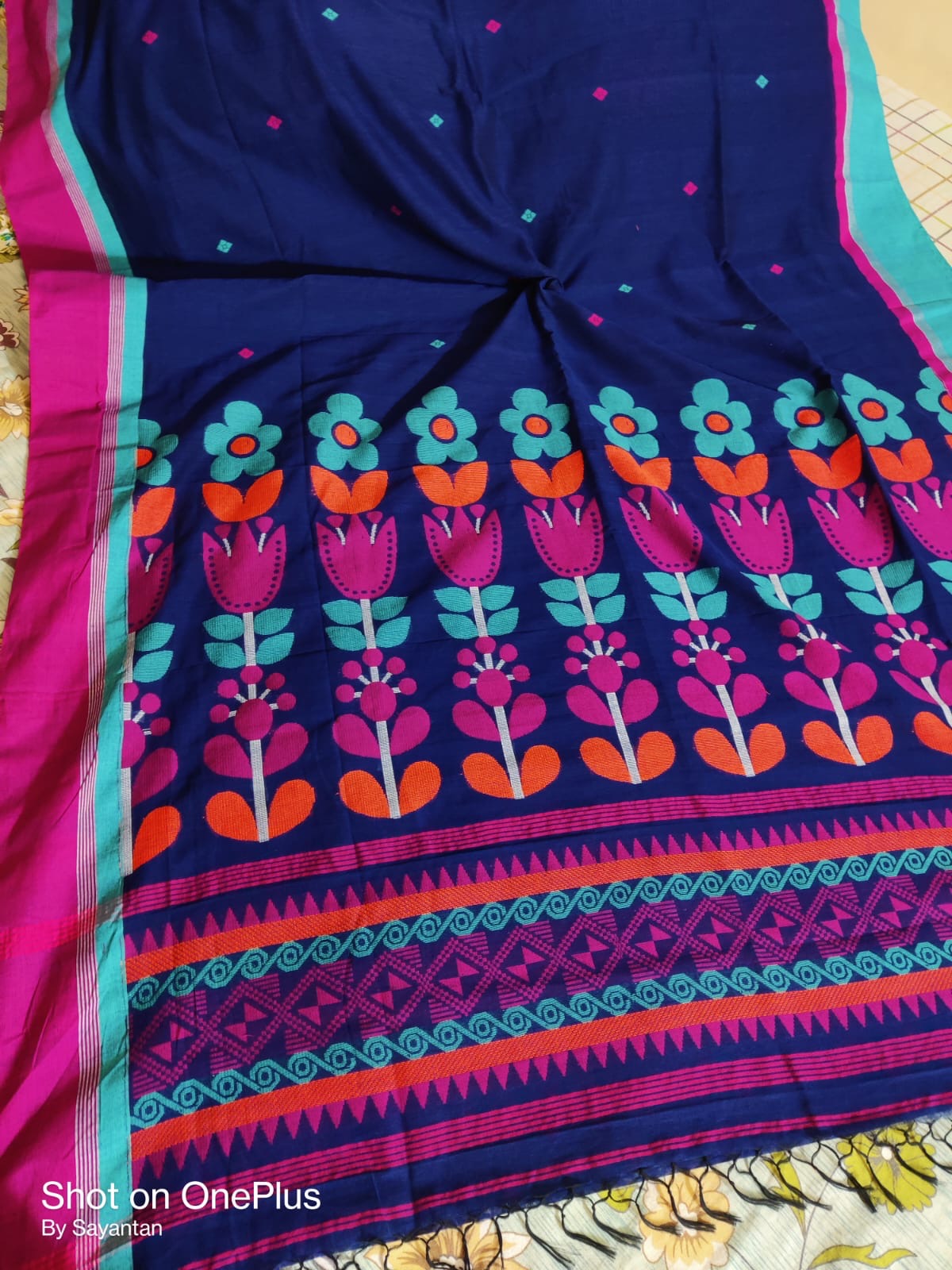 Cotton jamdani saree from the loom of Bengal - Blue - Cotton jamdani