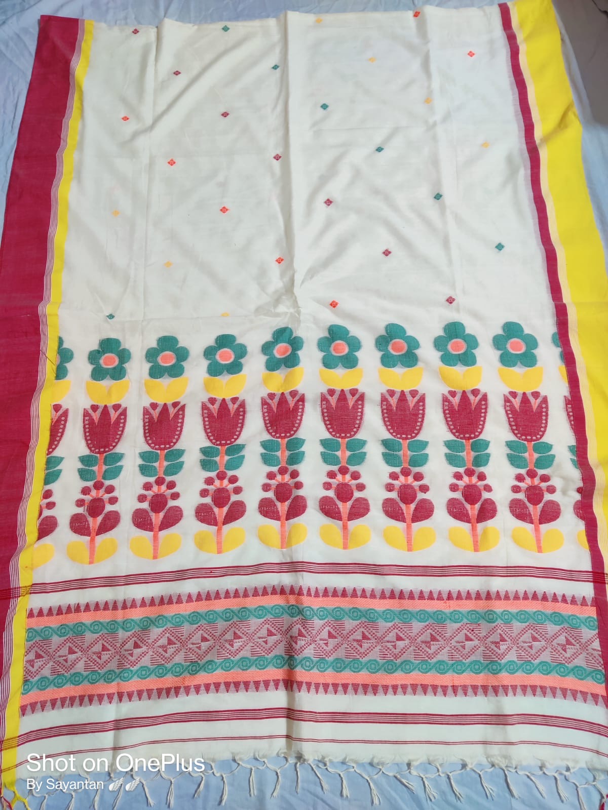 Cotton jamdani saree from the loom of Bengal - White - Cotton jamdani