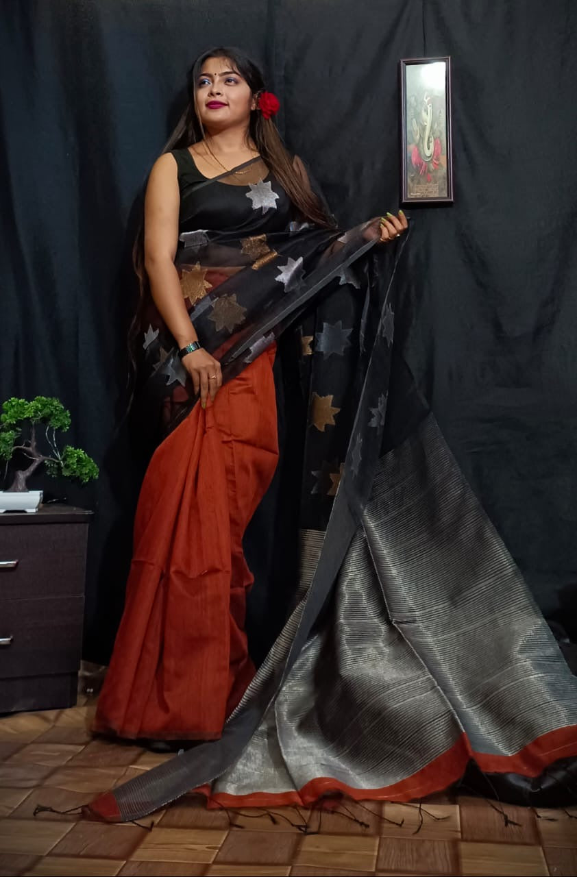 Cotton silk handloom saree star motif