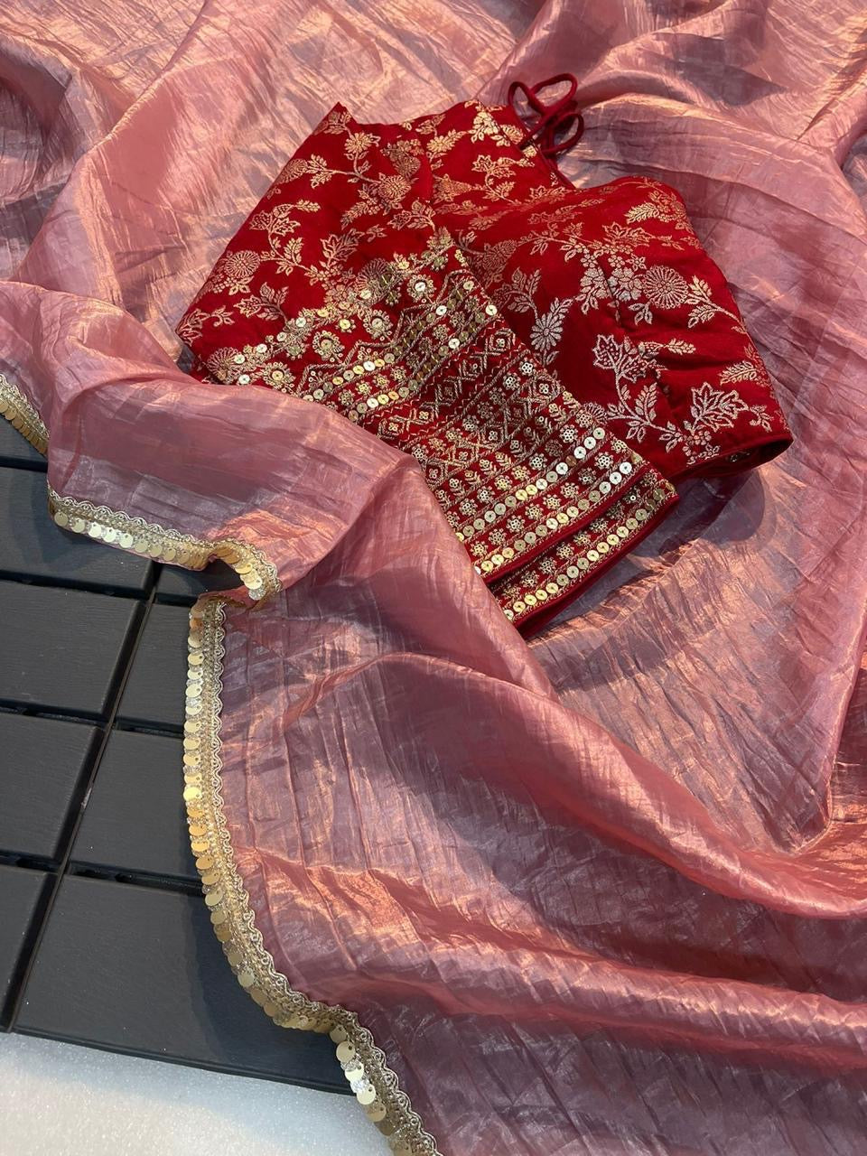 Crushed tissue saree with stitched blouse