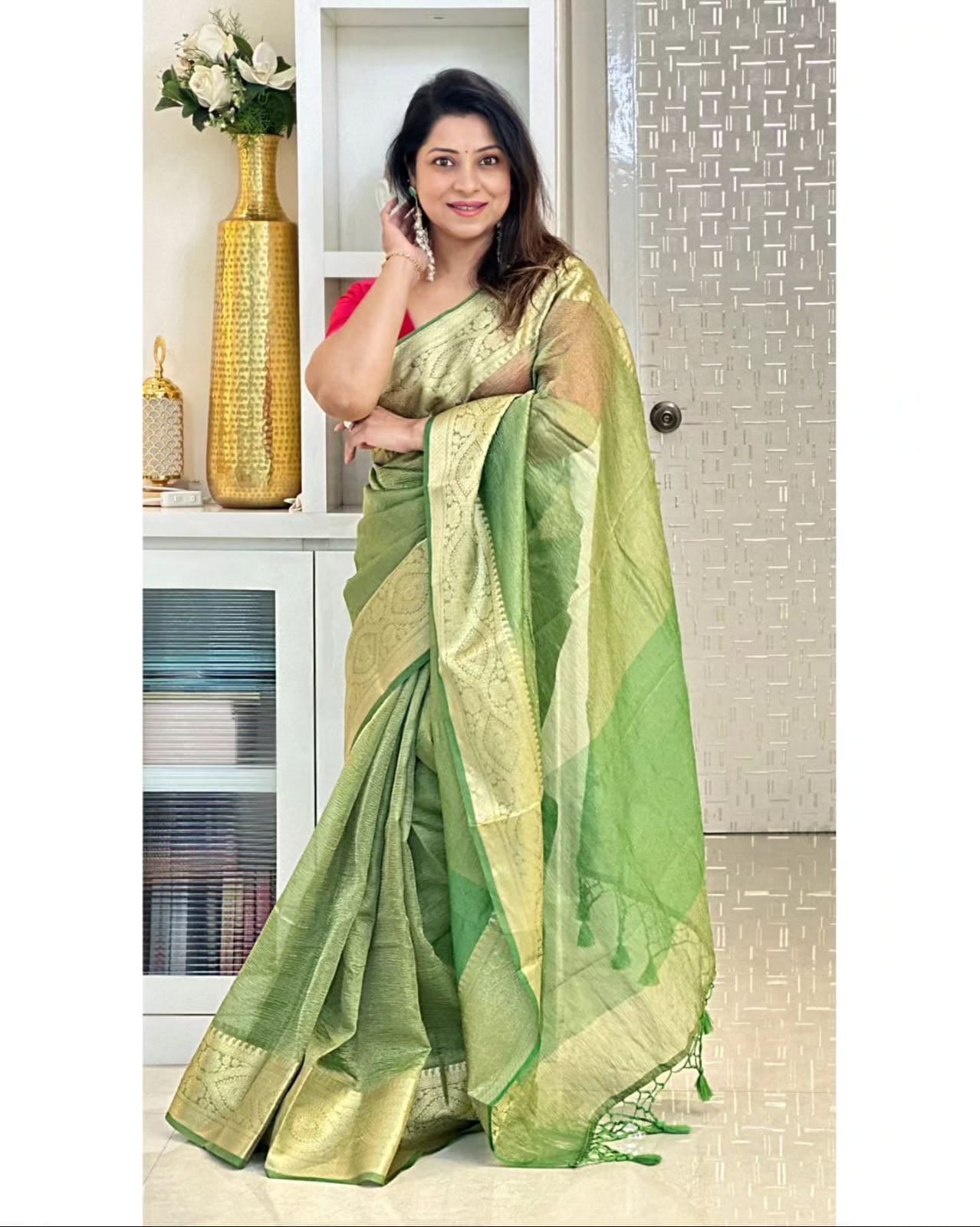 Crushed Tissue Banarasi Saree for Timeless Traditional Elegance - Green - Tissue saree