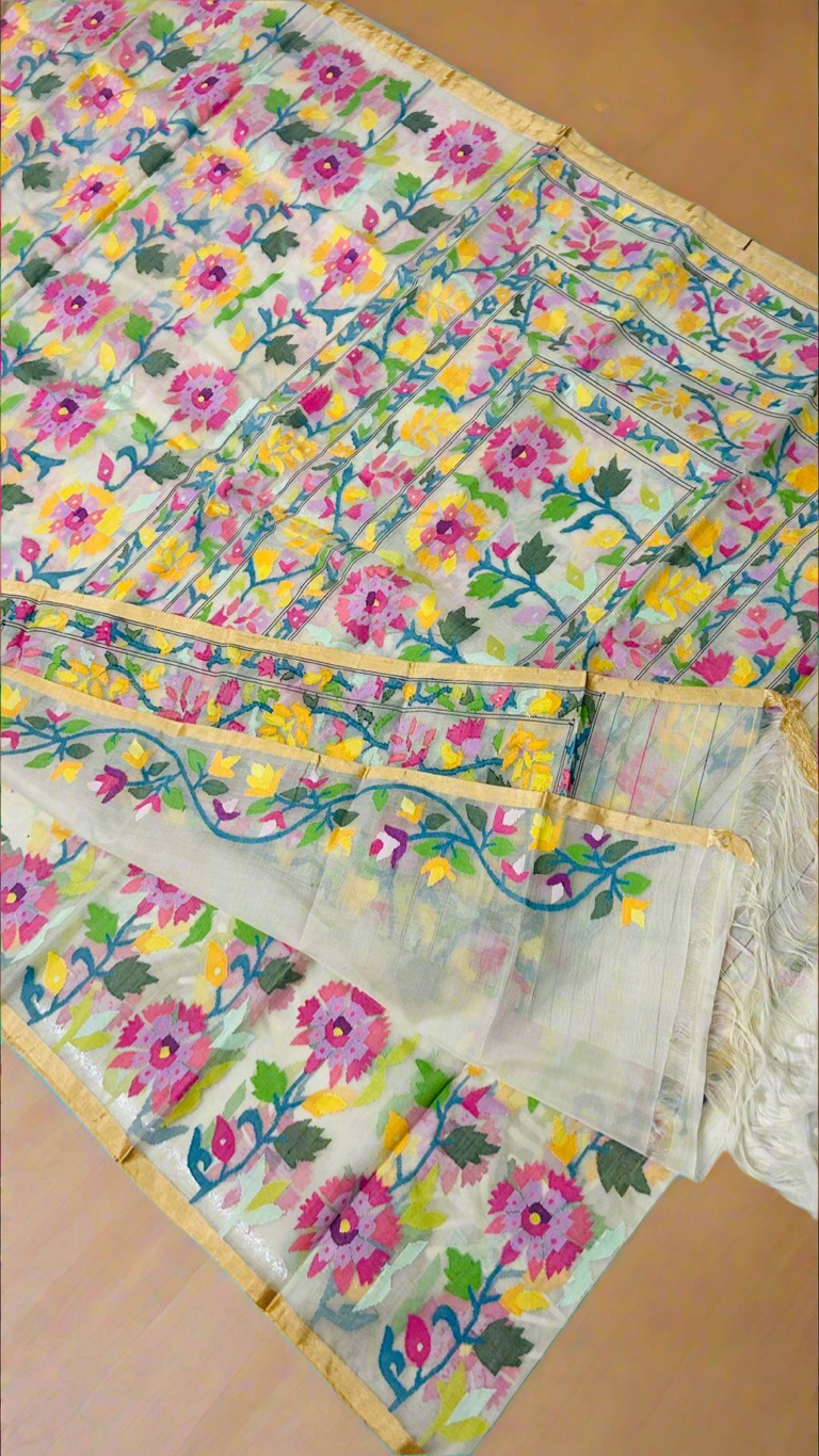 Muslin Tantuj jamdani saree from Bengal multicoloured flower on original Resham - Cream - Tantuj muslin