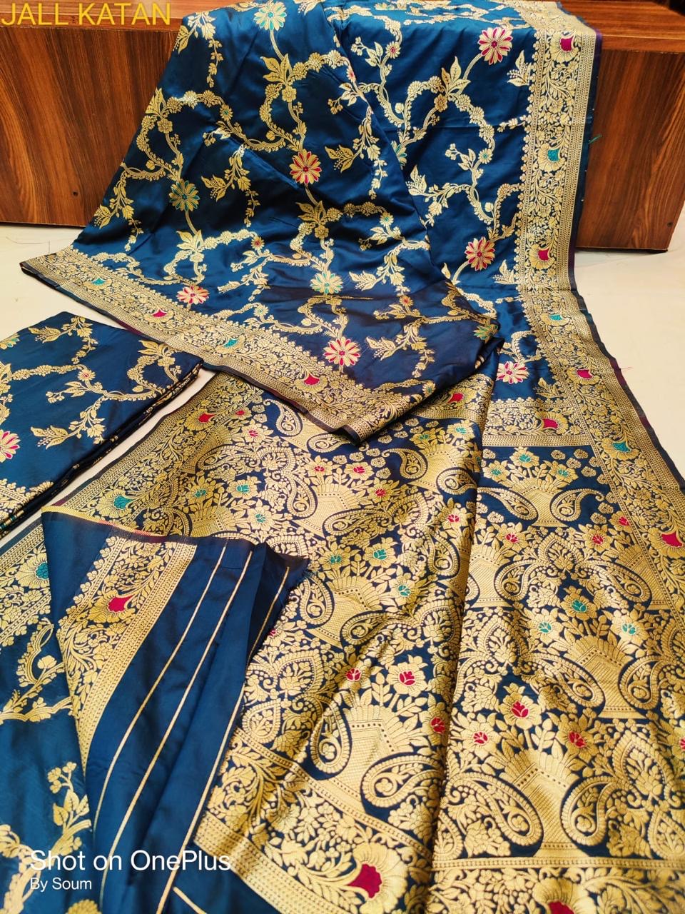 Meenakari jaal katan silk saree - Blue