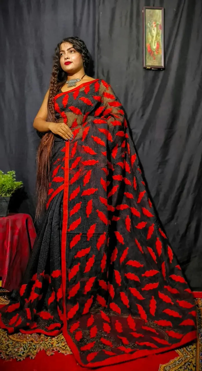Applique saree black colour
