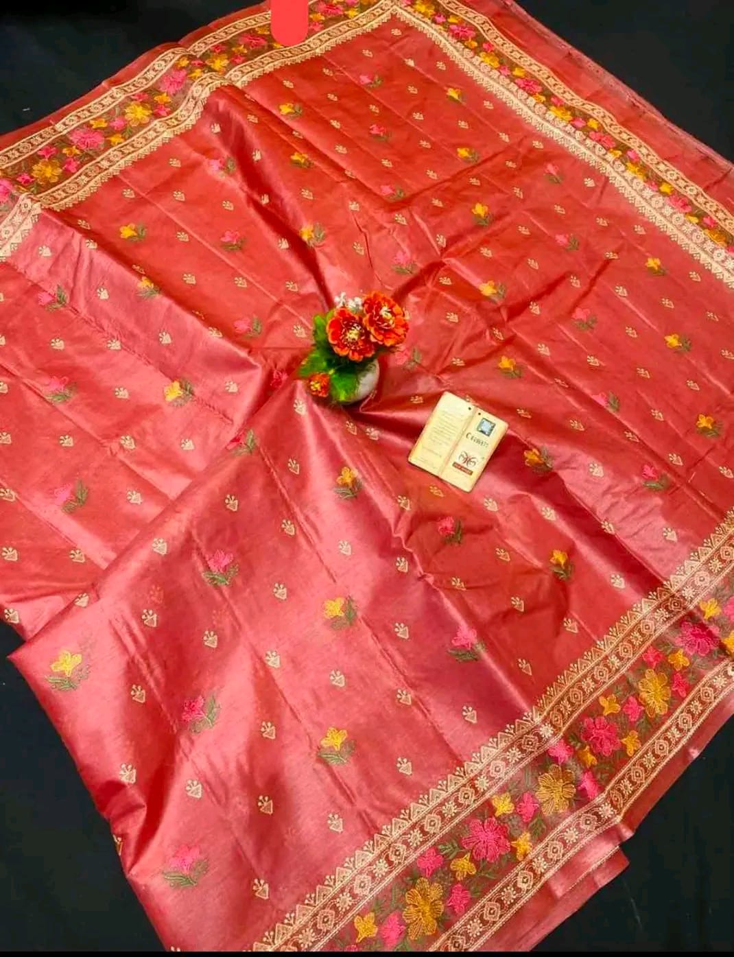 Desi Tussar bi Tussar embroidery work silk mark certified - Red - Tussar saree