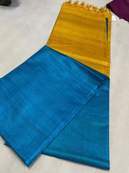 Desi tussar bi tussar silk mark certified saree Blue body is mingled with yellow pallu - Tussar saree