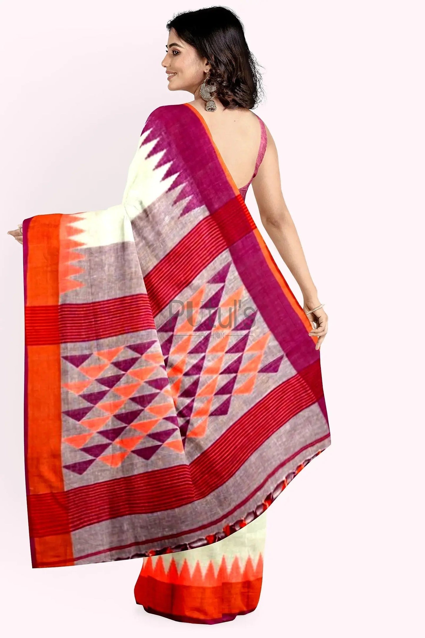 Ganga yamuna white organic linen saree - Putul's Fashion