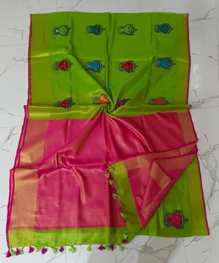 Tissue linen embroidery saree - Green