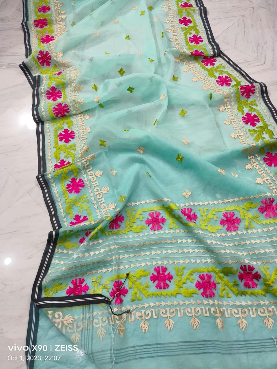 Soilasuta muslin jamdani of embroidery work - Sky - muslin saree