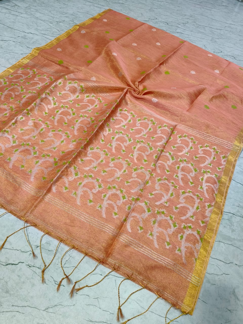 Elegant tissue Linen Jamdani Sarees from Putul’s Fashion Collection - Peach - Linen Saree