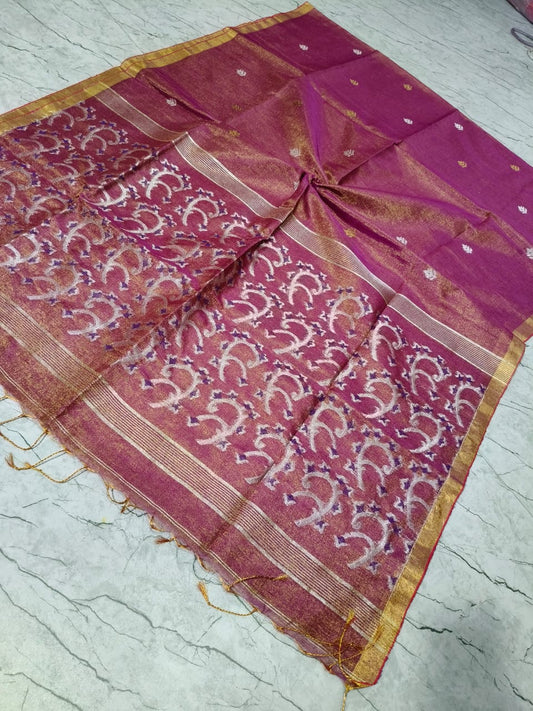 Elegant tissue Linen Jamdani Sarees from Putul’s Fashion Collection - Dual tone - Linen Saree