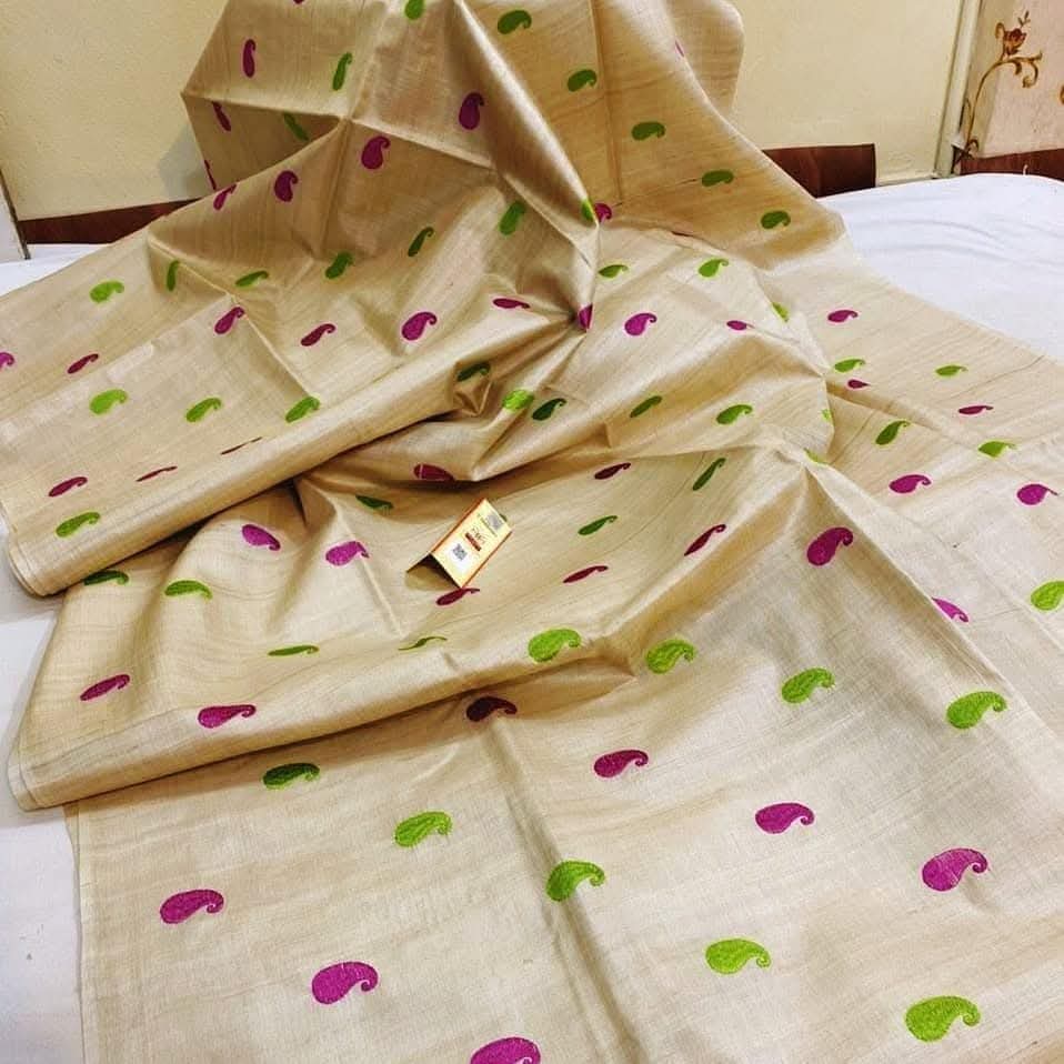 Embroidery on desi tussar silk saree silk mark certified - Beige - Tussar saree