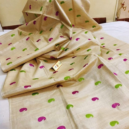 Embroidery on desi tussar silk saree silk mark certified - Beige - Tussar saree