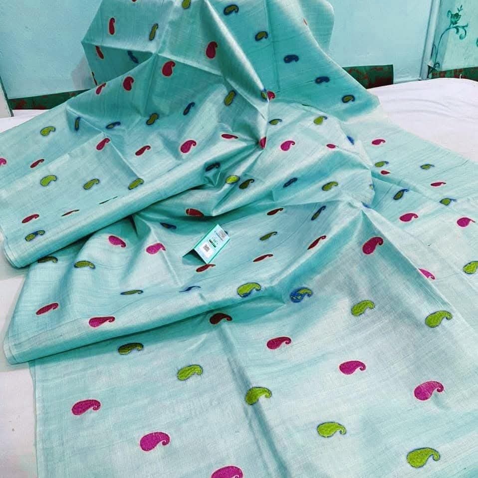 Embroidery on desi tussar silk saree silk mark certified - 🌌 sky - Tussar saree