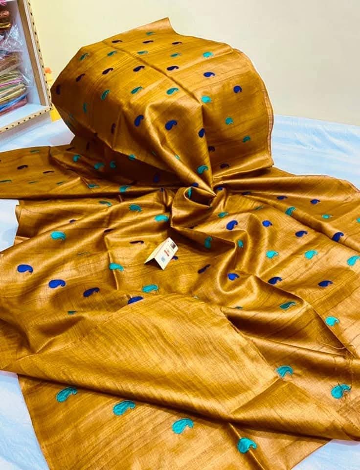 Embroidery on desi tussar silk saree silk mark certified - Yellow - Tussar saree