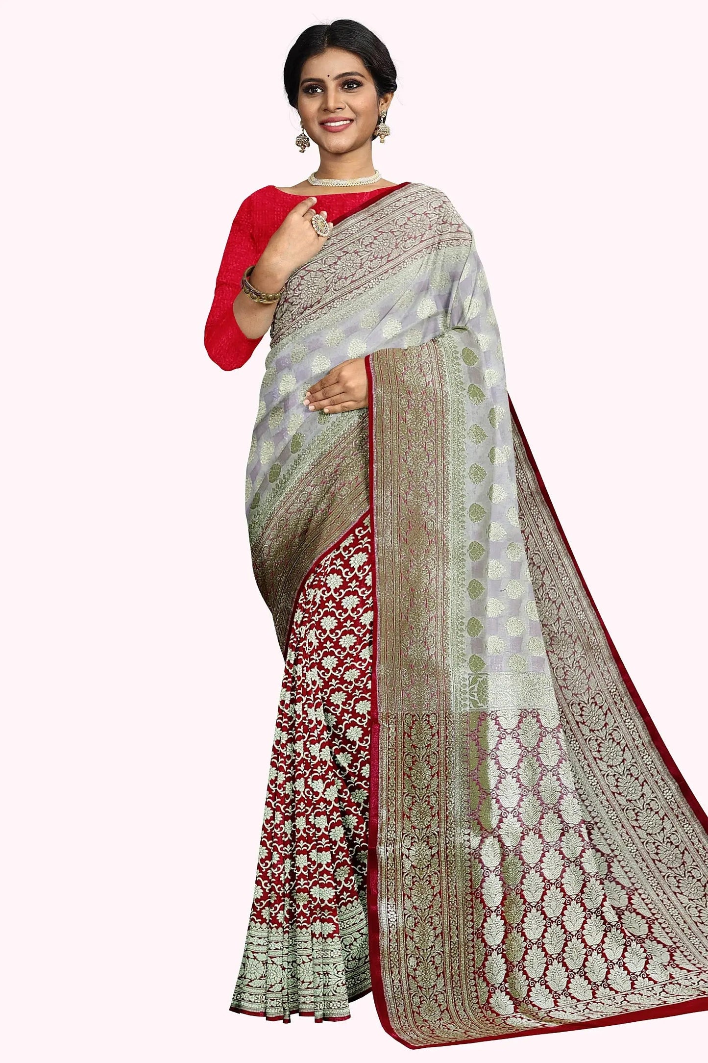 Katan benarasi silk saree white red Putul's fashion