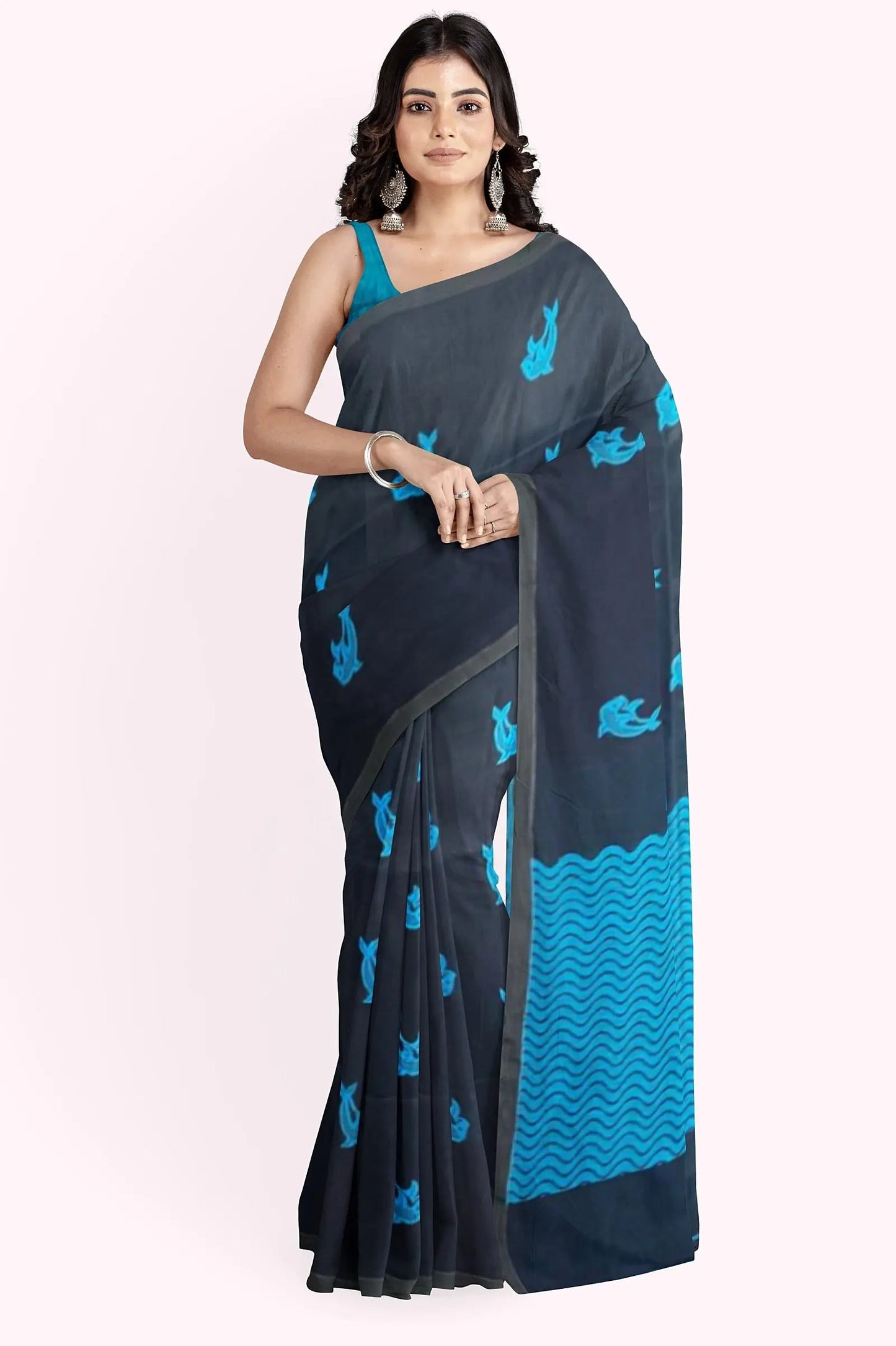 Linen dolphin motif saree My Store