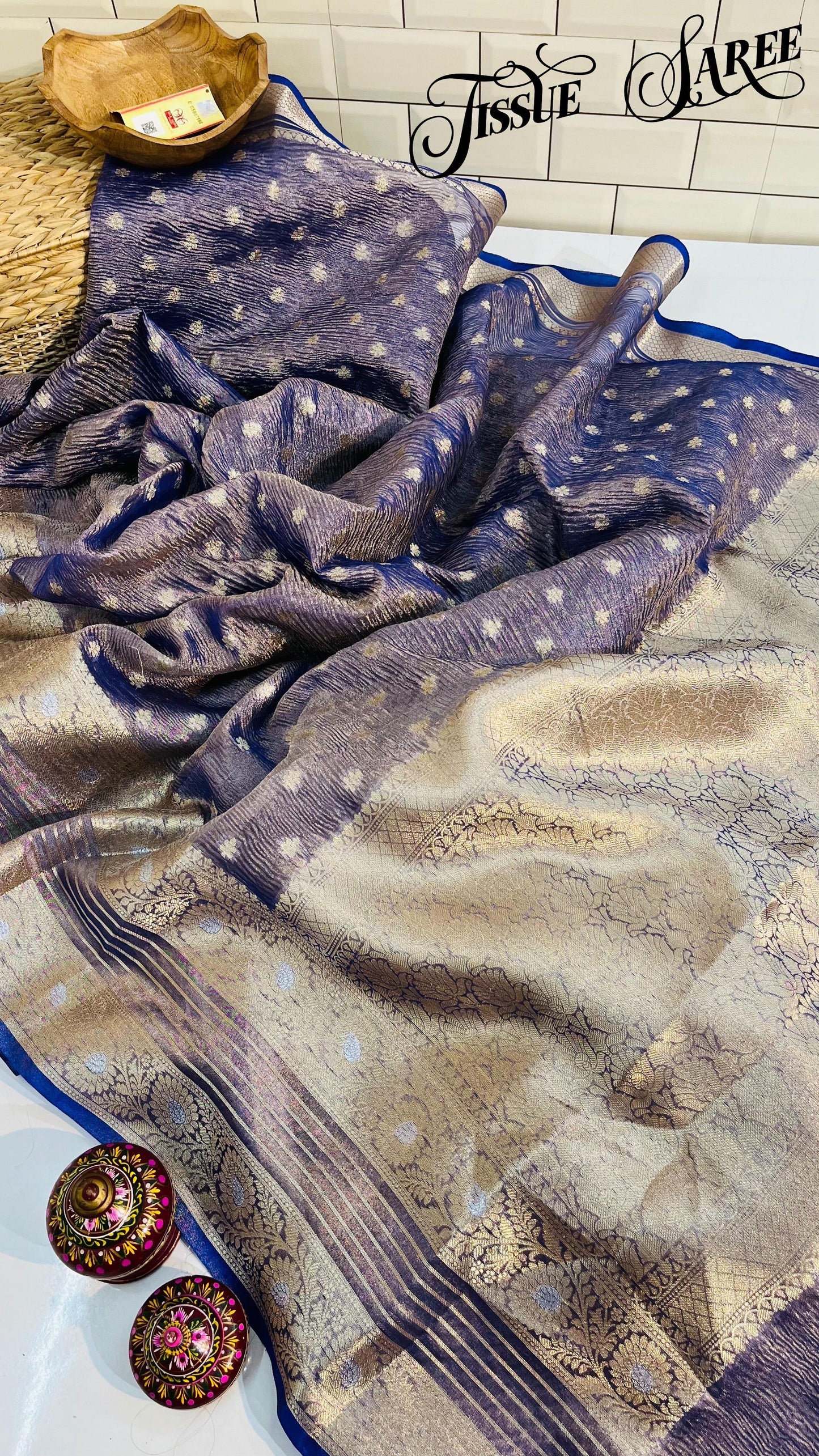 Crushed tissue Banarasi saree - Purple
