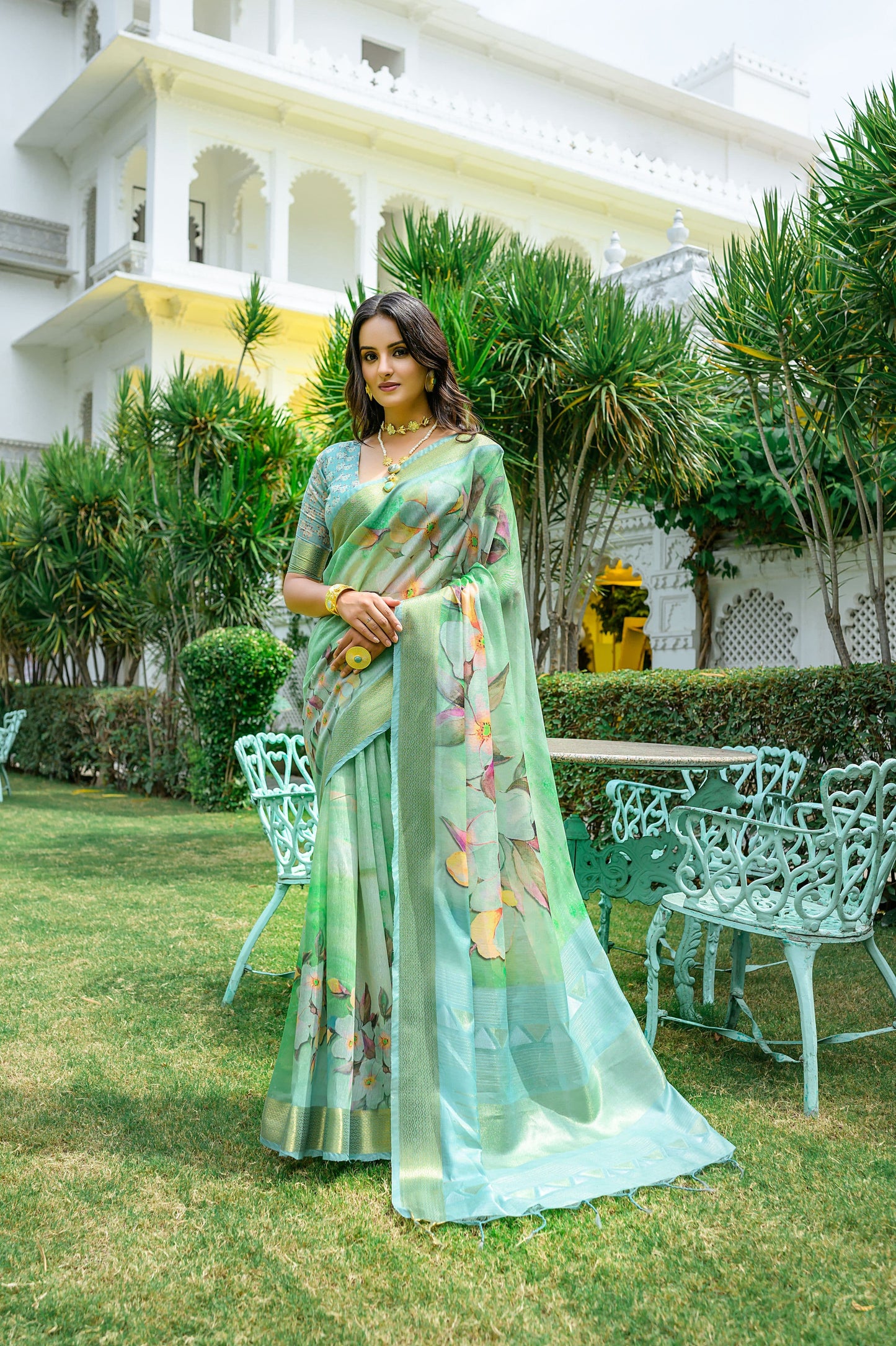 Linen zari border saree - Green - Linen Saree