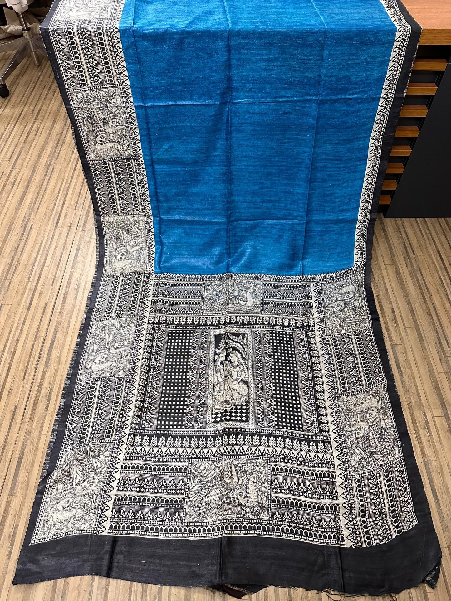 Sky blue Madhubani print tussar gicha silk saree - Blue - Tussar saree