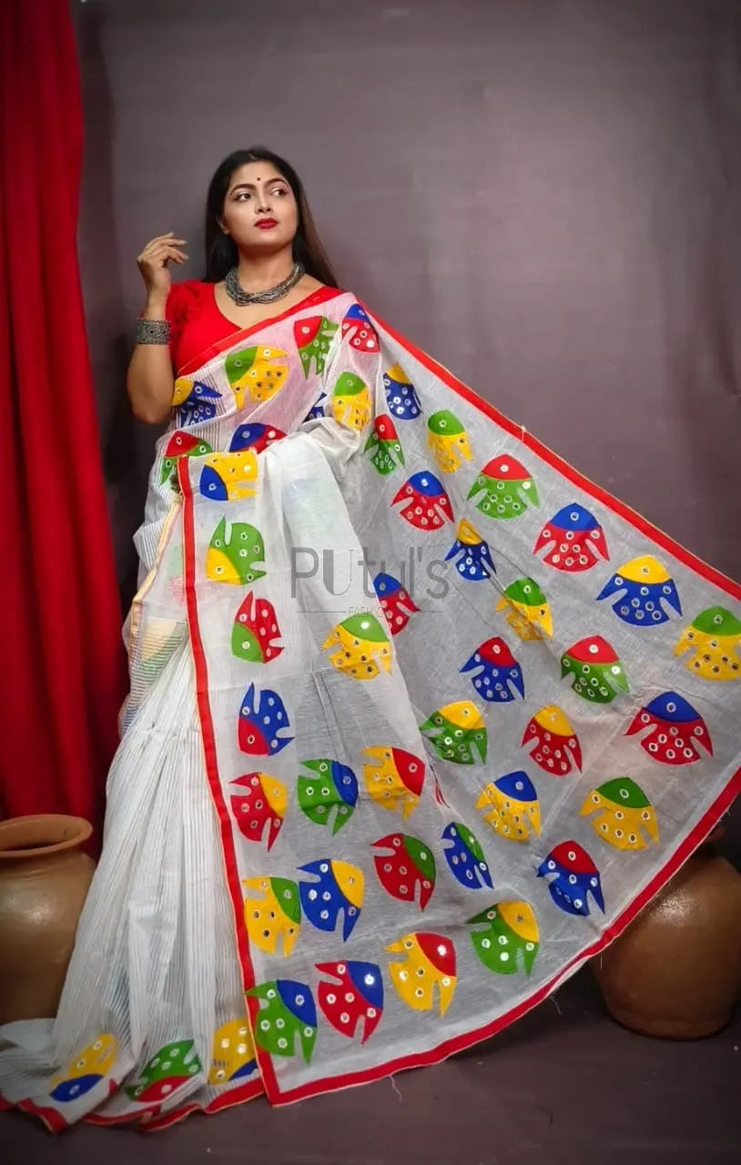 Fish motif Mirror work Applique saree on noyel fabric Putul's Fashion