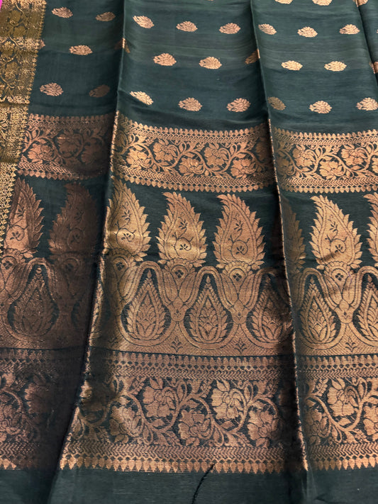 Ganga Yamuna border copper Zari weaved linen Jamdani saree black - Linen Saree