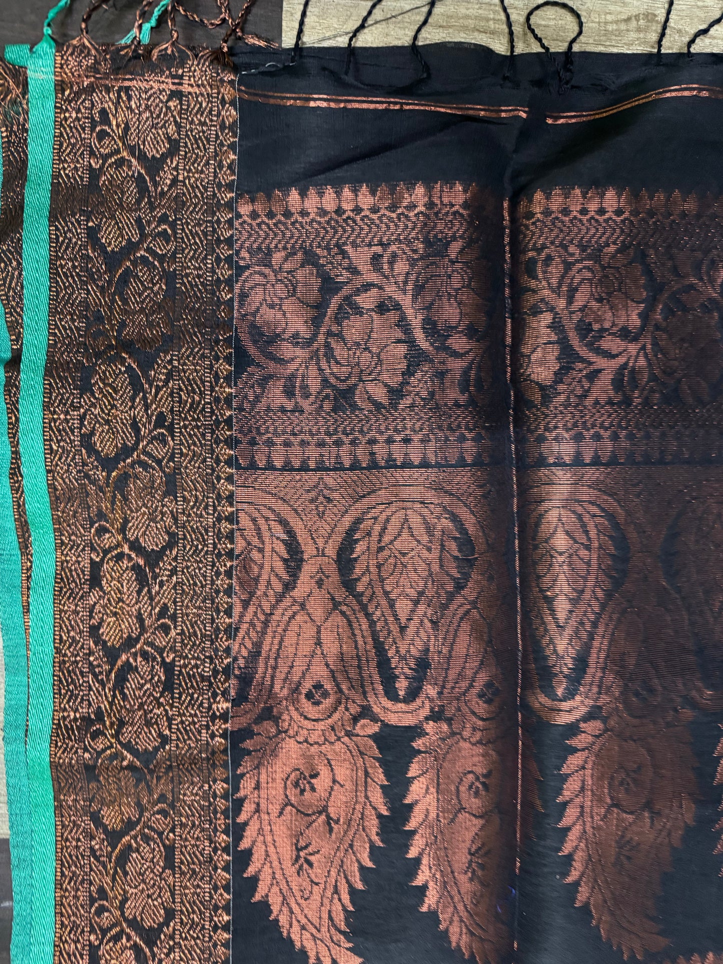 Ganga Yamuna border copper Zari weaved linen Jamdani saree black - Linen Saree