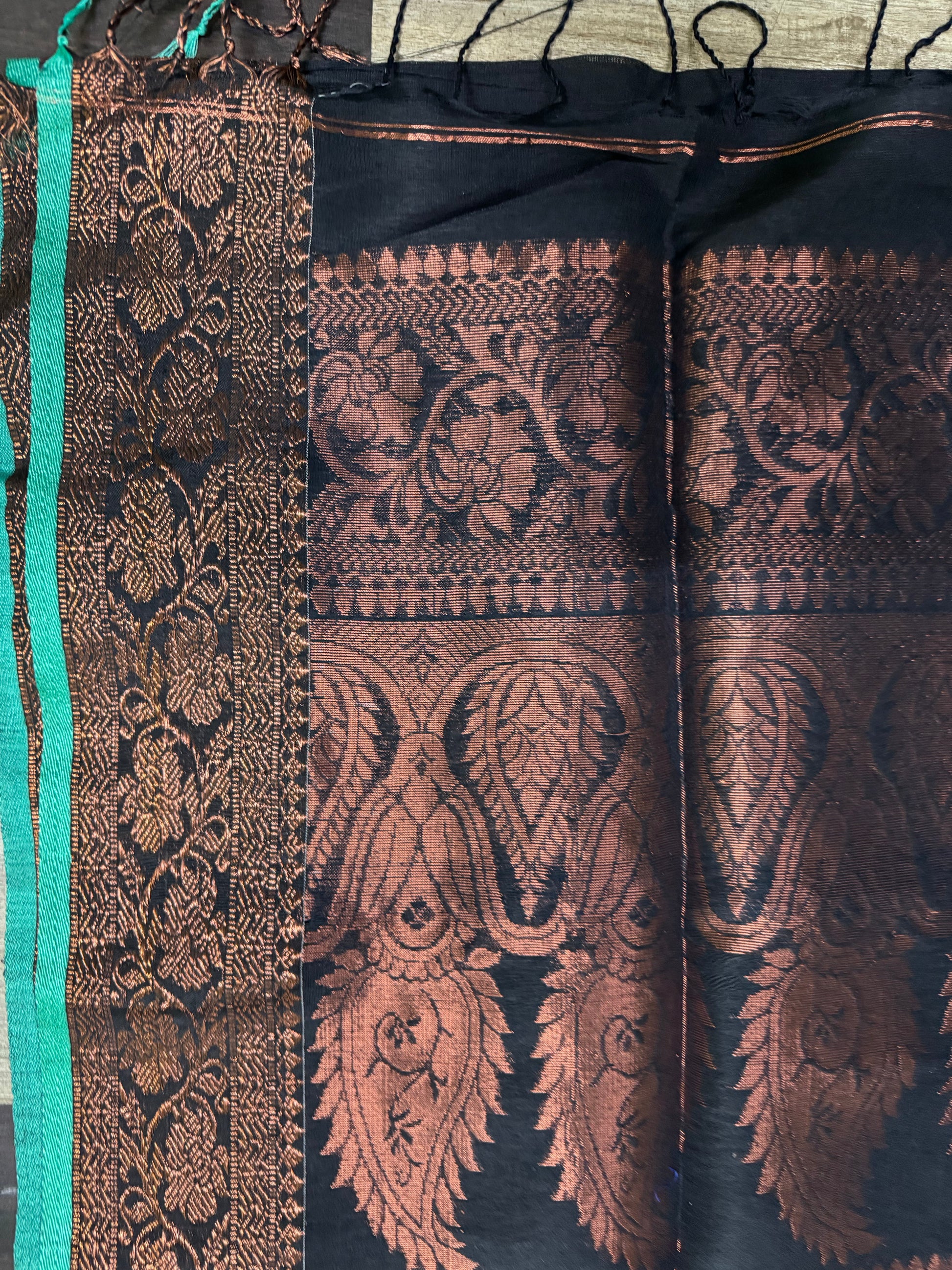 Ganga Yamuna border copper Zari weaved linen Jamdani saree black - Linen Saree
