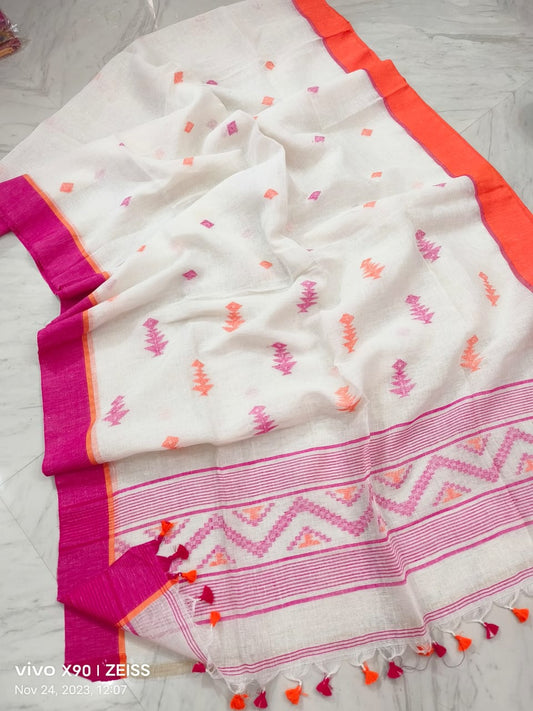 Ganga yamuna linen jamdani saree - White