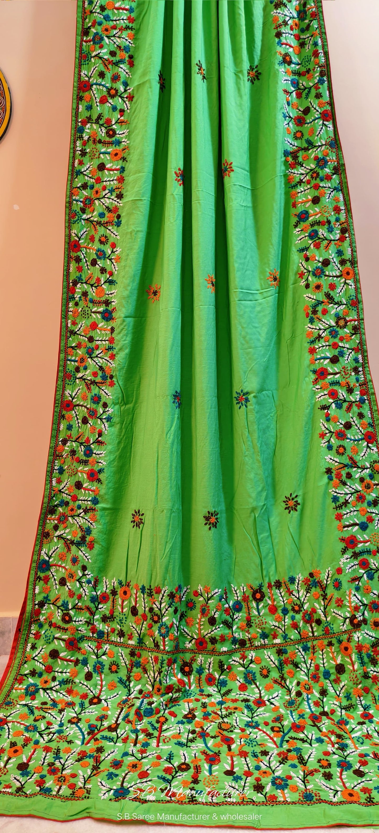 Hand bullion Parsi work on semi tussar silk saree - Green - Boutique saree