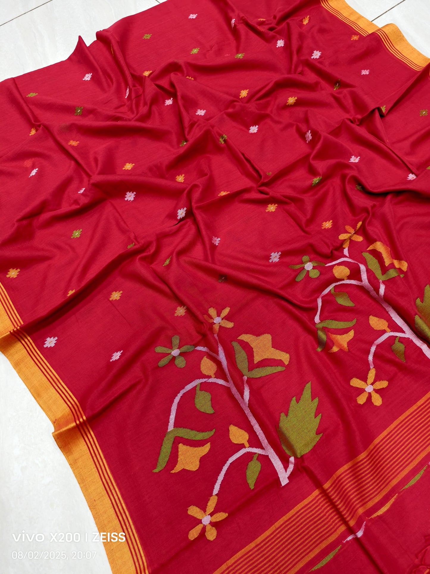 Handmade Cotton Jamdani Sarees from Putul’s Fashion with Floral Patterns - Red