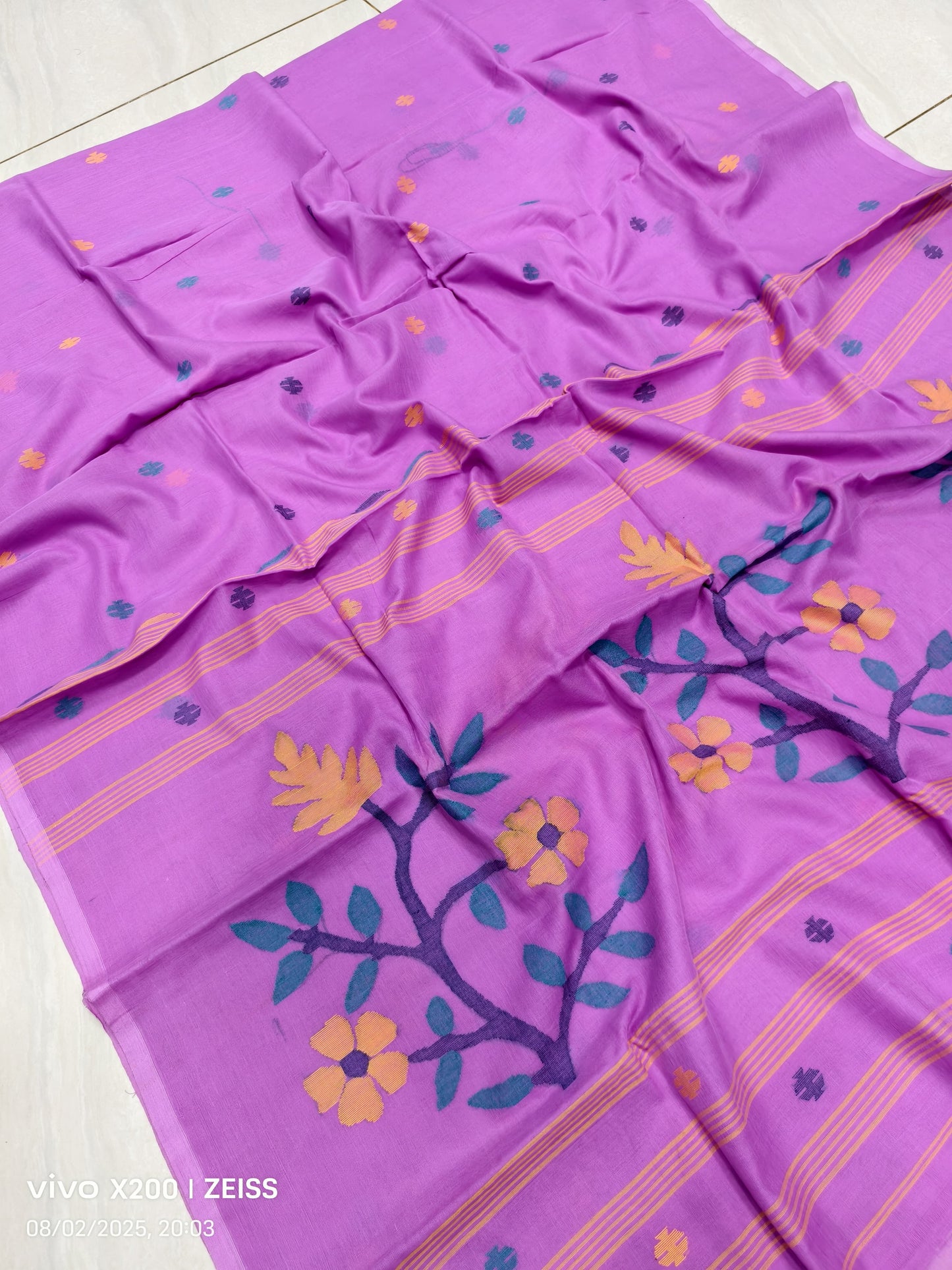 Handmade Cotton Jamdani Sarees from Putul’s Fashion with Floral Patterns - Purple