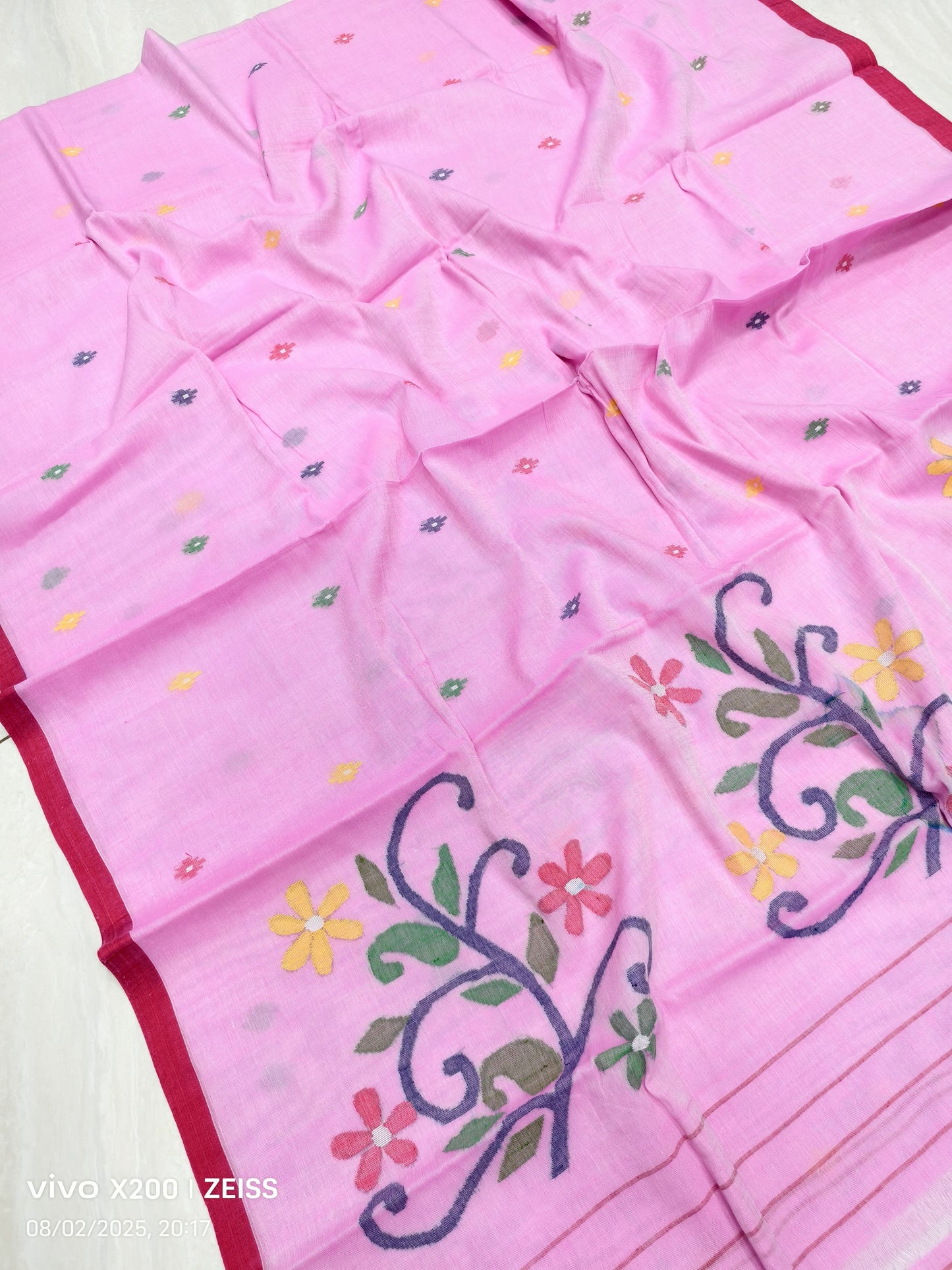 Handmade Cotton Jamdani Sarees from Putul’s Fashion with Floral Patterns - Pink