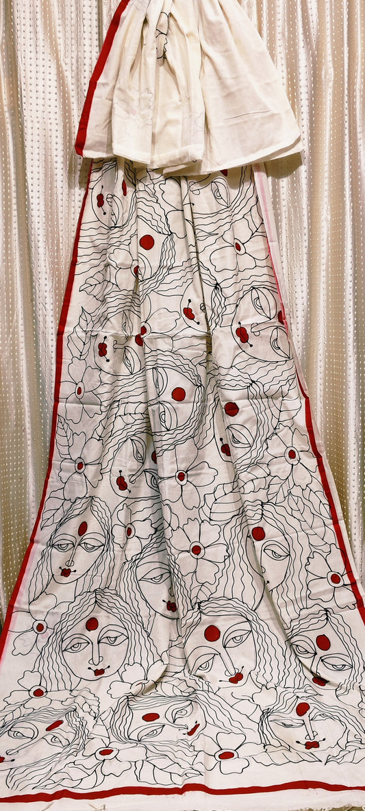 Handpaint khadi cotton saree with running blouse symbol of female power - Khadi cotton saree