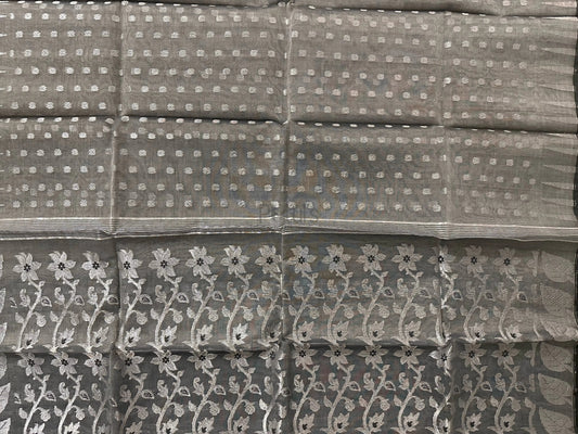 Handwoven ash colour Muslin saree with silver zari work and black meena Putul's Fashion