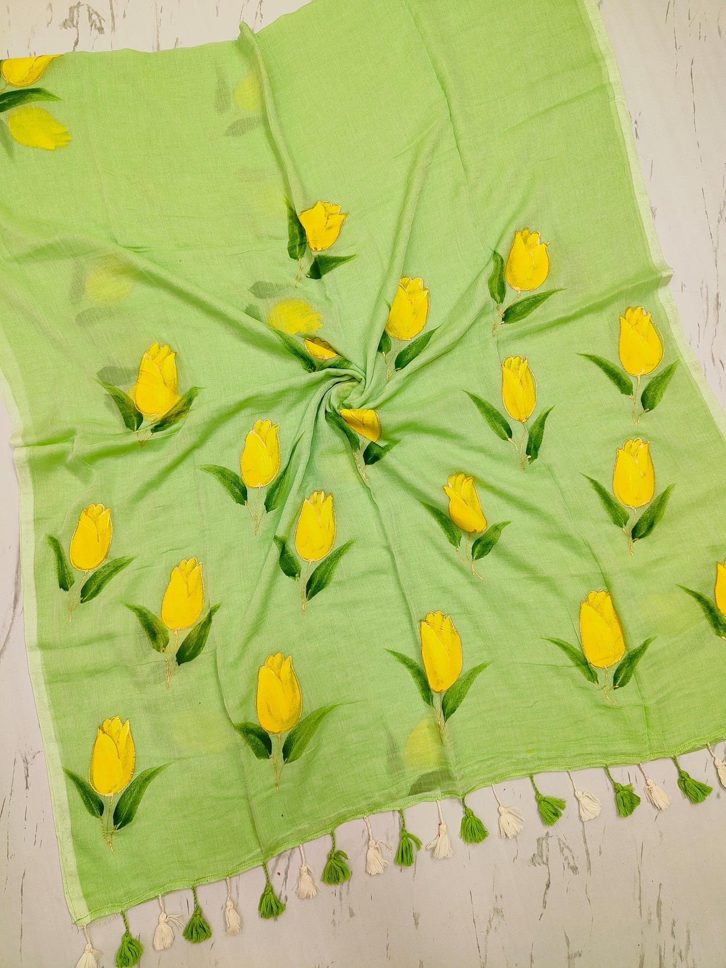 Icy green hand paint Mul cotton saree without blouse piece - Mul cotton