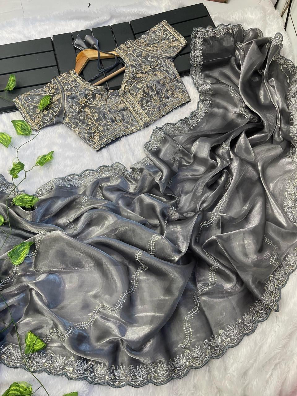 Jimmy choo saree with stitched blouse - Silver - Jimmy