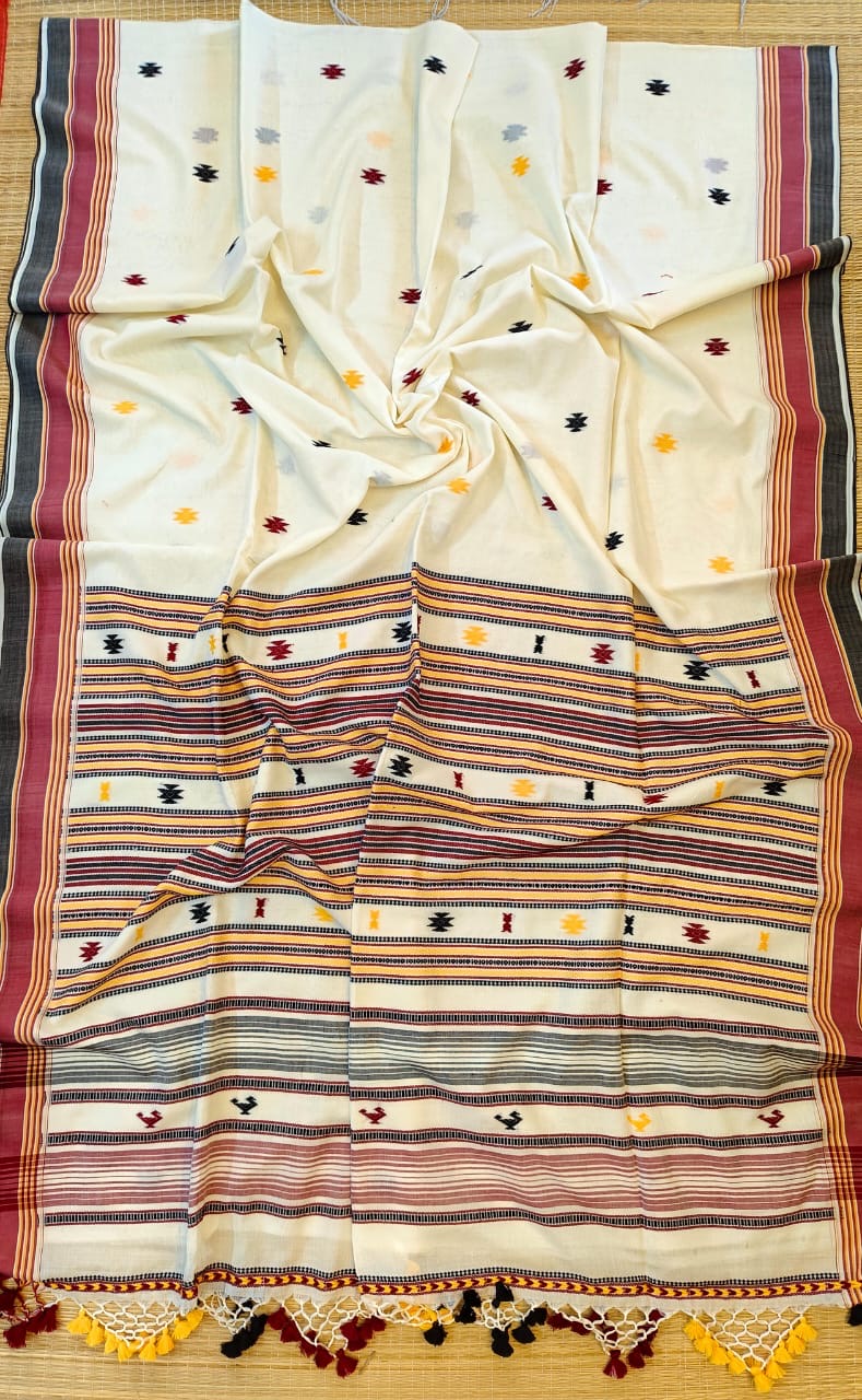 Khadi cotton Bhujodi weaving saree from Bengal - White red - Khadi cotton saree