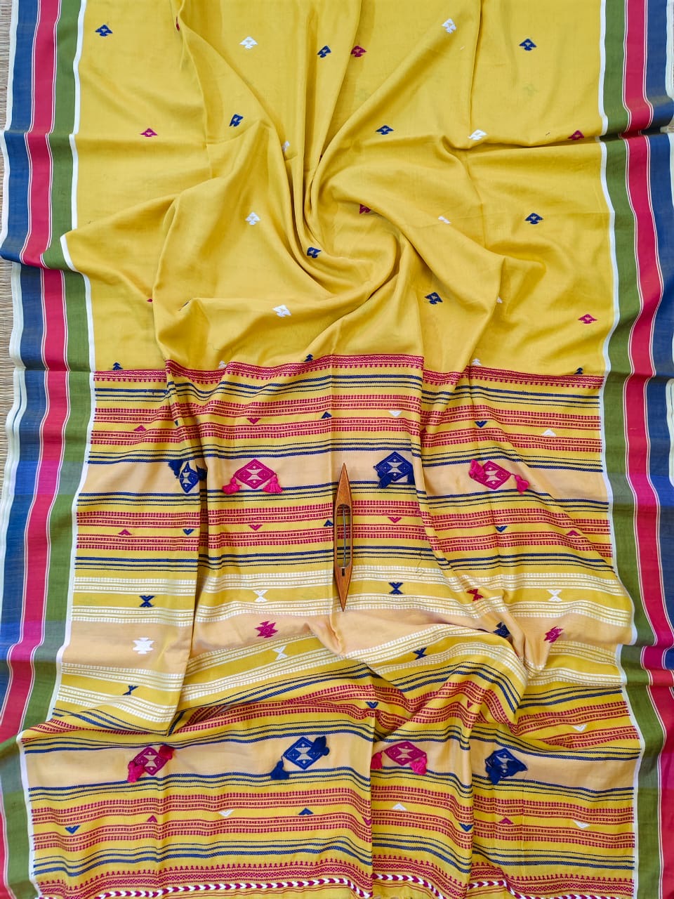 Khadi cotton Bhujodi weaving saree from Bengal - Yellow - Khadi cotton saree