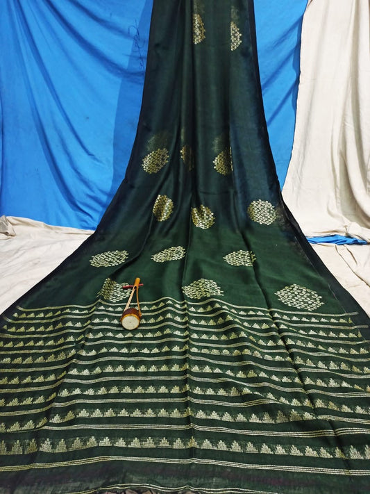 Linen jamdani saree flower motif - Bottle green - Linen Saree