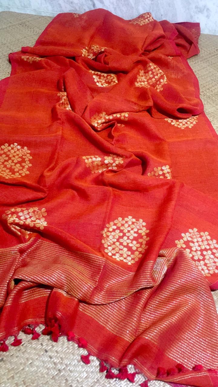 Linen jamdani saree flower motif - Orange - Linen Saree