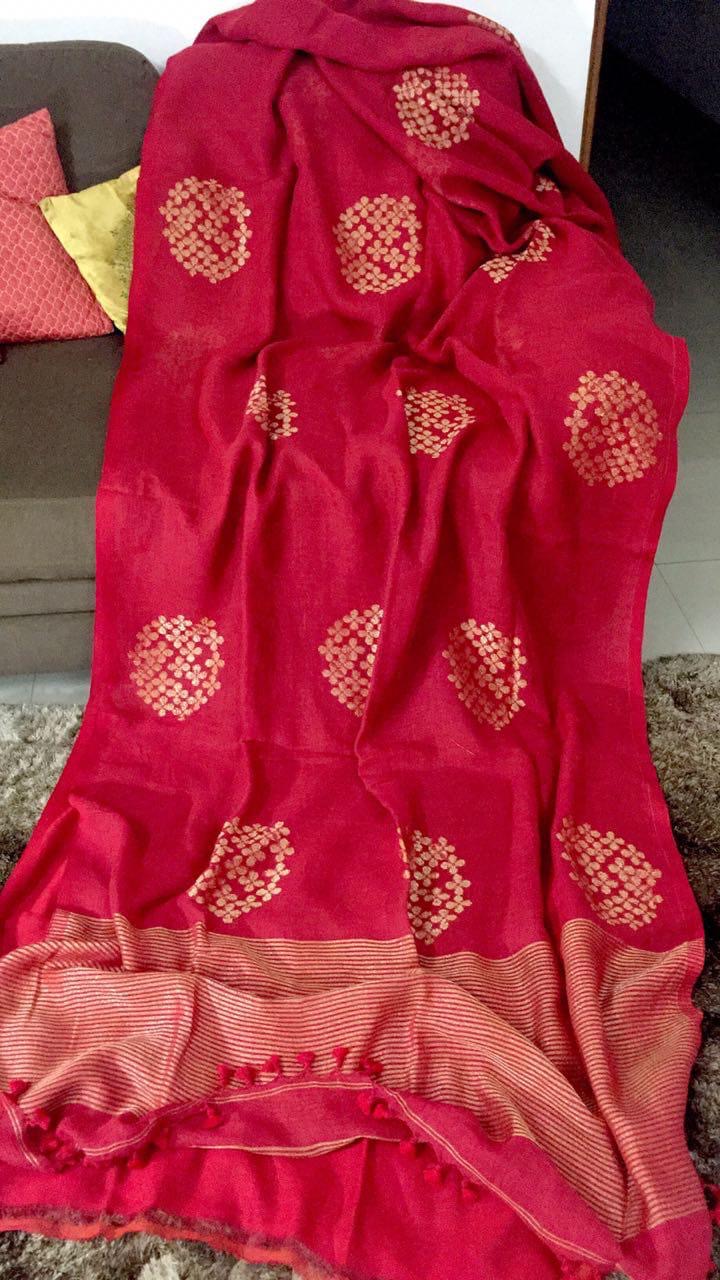 Linen jamdani saree flower motif - Red - Linen Saree