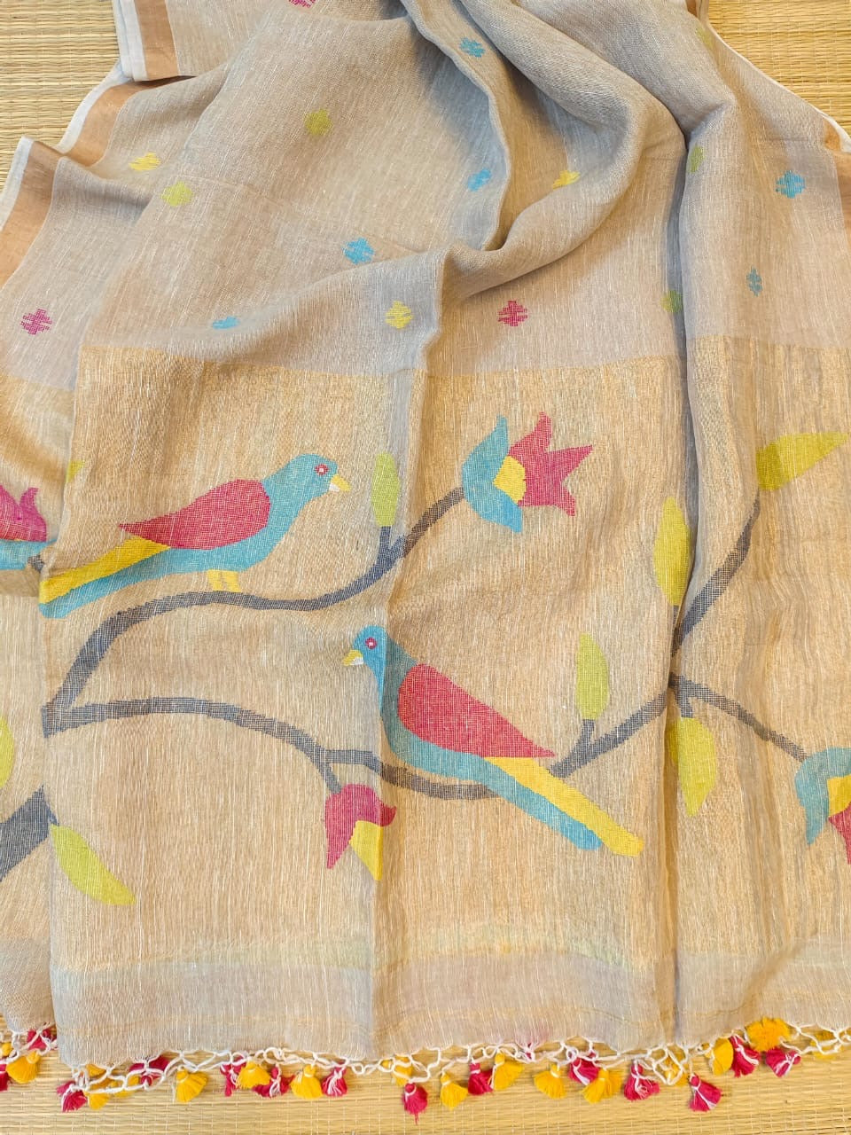Linen jamdani saree with paithani fusion anchol - Beige - Linen Saree