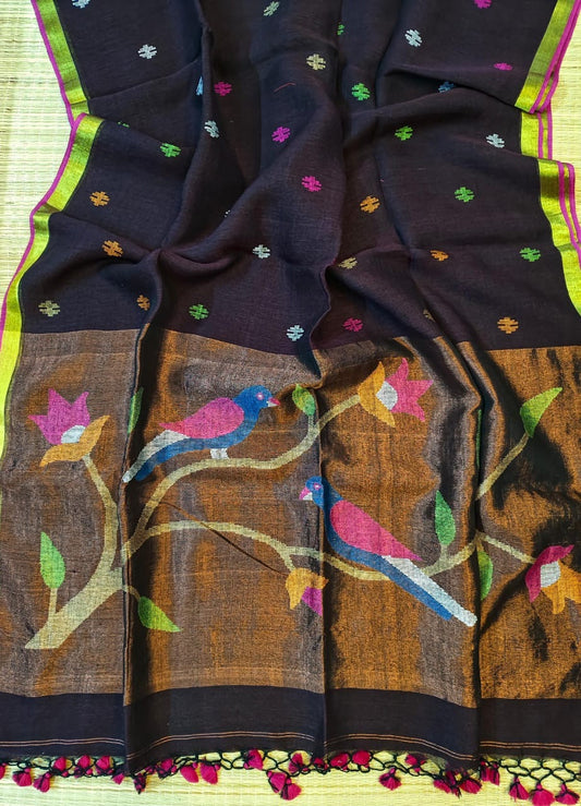 Linen jamdani saree with paithani fusion anchol - Black - Linen Saree