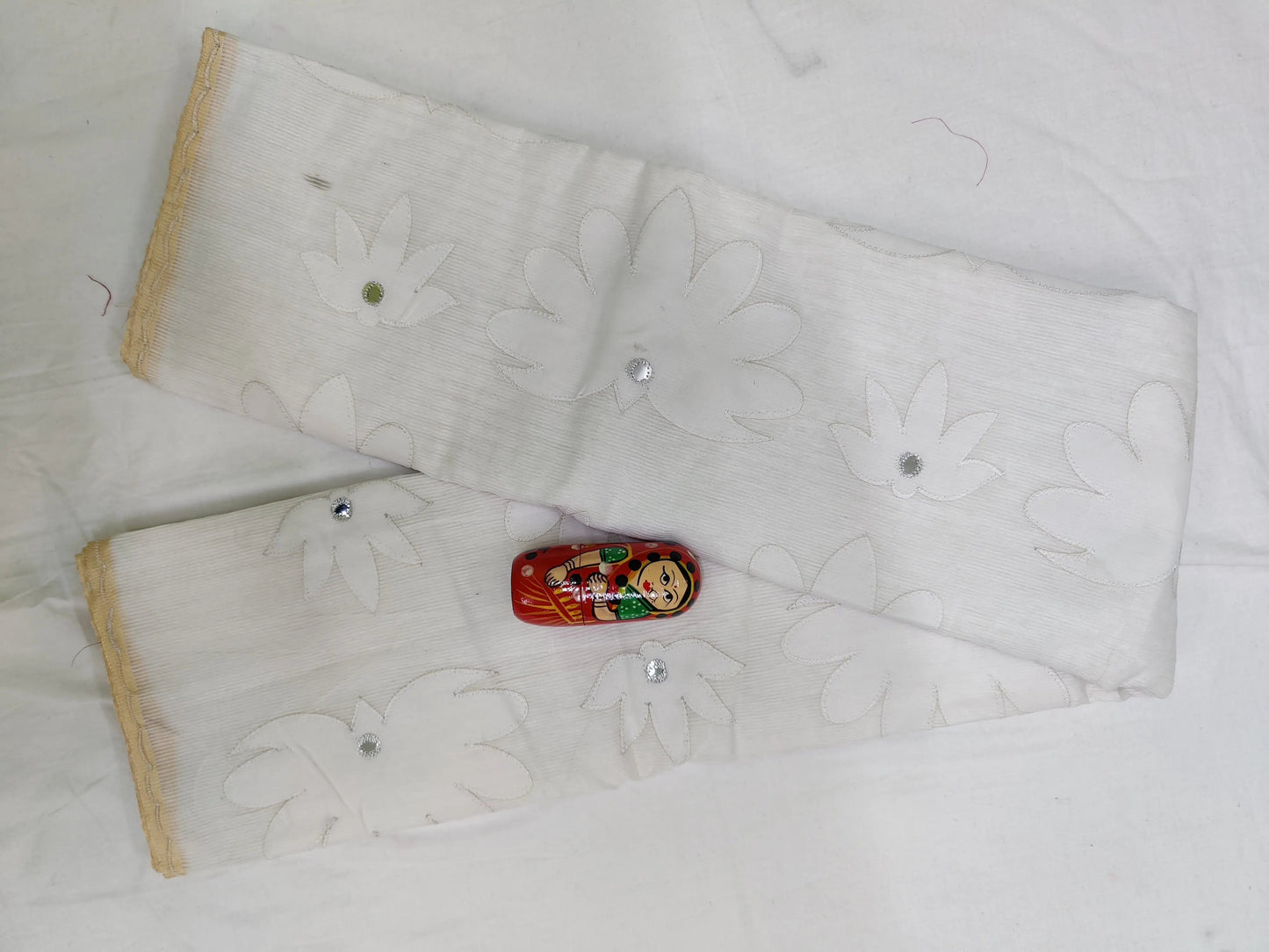 Applique saree noyel silk white colour mirror work