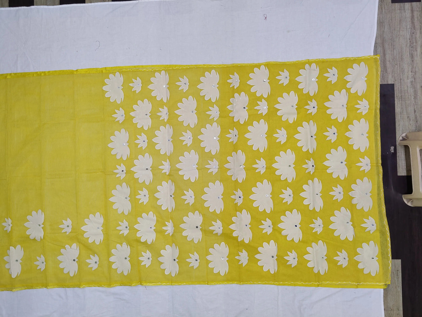 Applique saree noyel silk mirror work yellow colour