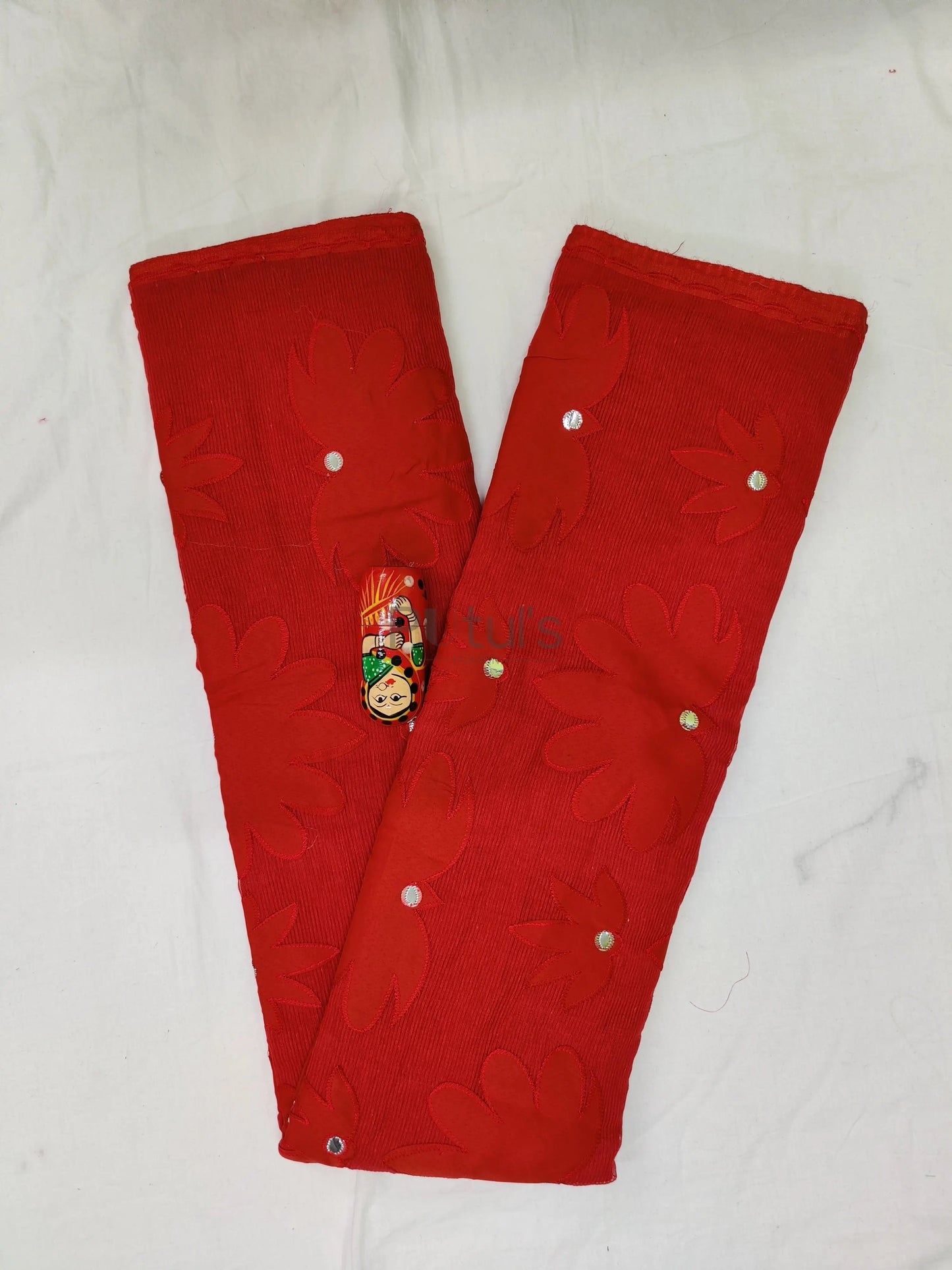 Mirror work Applique saree on noyel fabric yellow - Red handloom