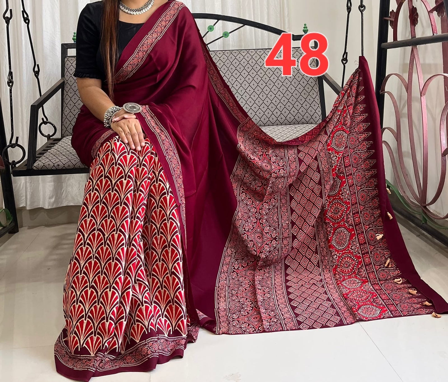 Modal silk saree with ajrakh print - Style 3 - Saree