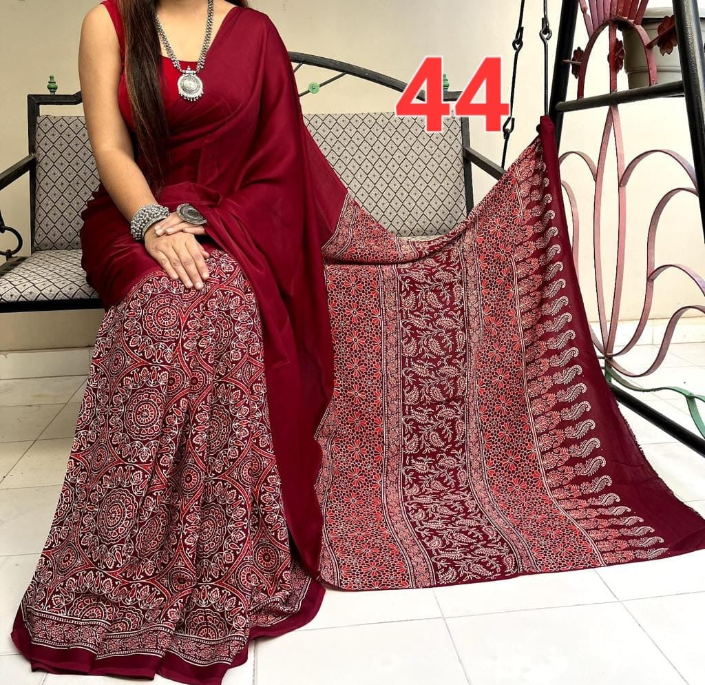 Modal silk saree with ajrakh print - Style 4 - Saree